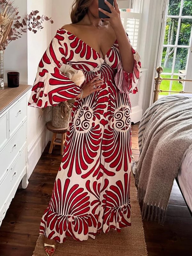 Autumn Lotus Leaf Long Sleeve V-Neck Printed Long High Waist Jumpsuit