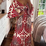 Autumn Lotus Leaf Long Sleeve V-Neck Printed Long High Waist Jumpsuit