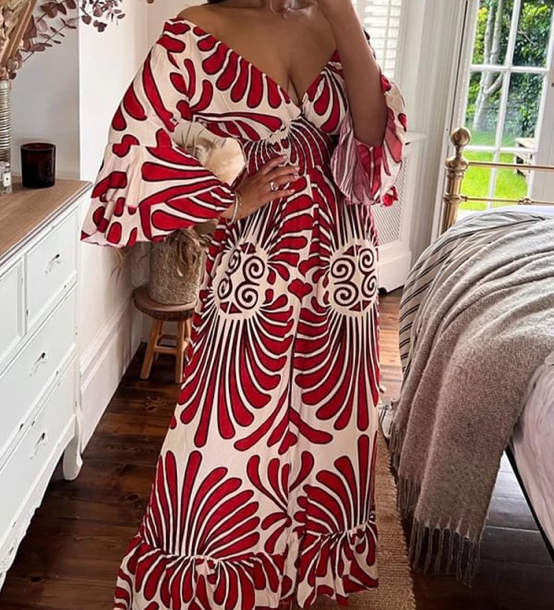 Autumn Lotus Leaf Long Sleeve V-Neck Printed Long High Waist Jumpsuit