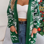 Christmas Clothes Women'S Open Front Cardigan Knitwear Lantern Sleeve Xmas Printed Oversized Deer Sweater Pockets Knitted