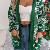 Christmas Clothes Women'S Open Front Cardigan Knitwear Lantern Sleeve Xmas Printed Oversized Deer Sweater Pockets Knitted