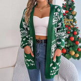 Christmas Clothes Women'S Open Front Cardigan Knitwear Lantern Sleeve Xmas Printed Oversized Deer Sweater Pockets Knitted