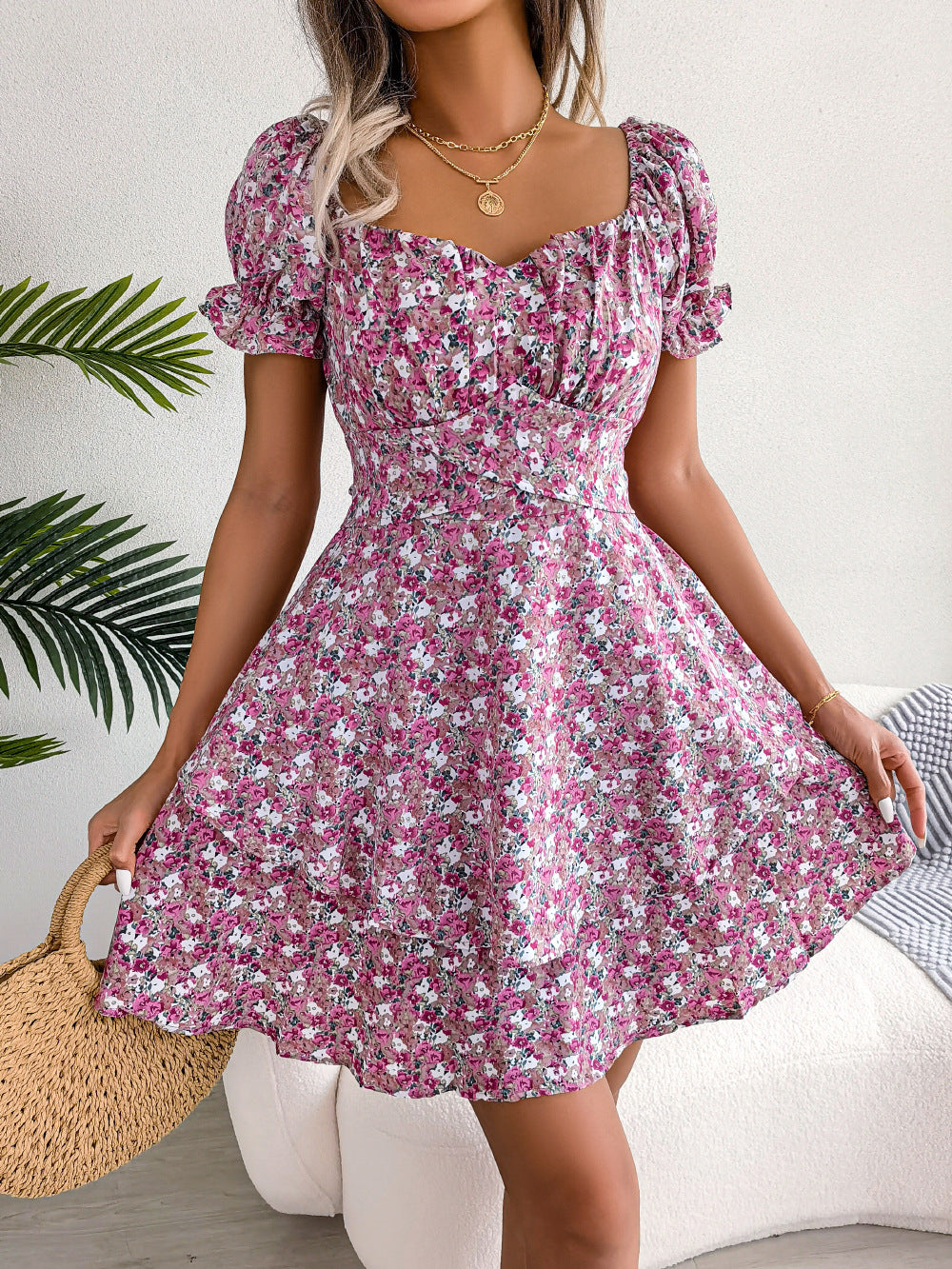 Women Mini Dress Temperament Big Swing Loose Hem Flower Print Shirring Dress up Short Sleeves High Waist Summer Dress Clothes