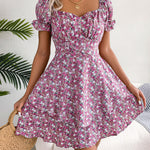 Women Mini Dress Temperament Big Swing Loose Hem Flower Print Shirring Dress up Short Sleeves High Waist Summer Dress Clothes