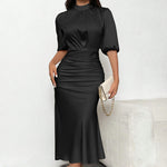 Women'S Short Sleeve Mock Neck Ruched Midi Dress Slim Fit Elegant Party Dress