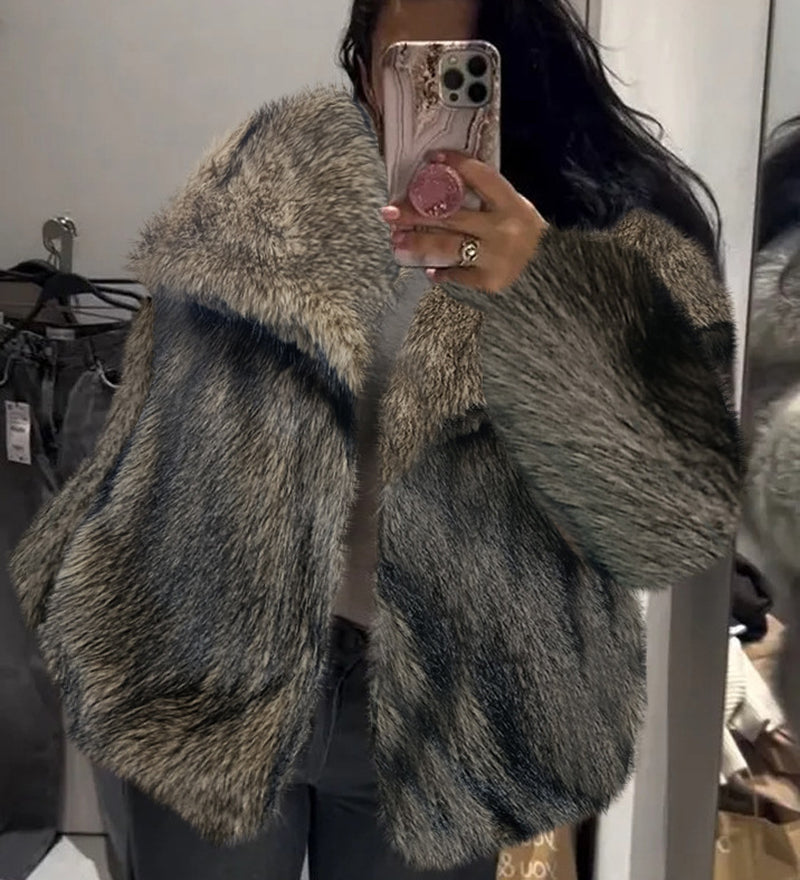 Winter Plush Coat Fashion Warm Thicken Fluffy Lapel Jacket Outwear Casual Long Sleeve Tops Womens Clothing