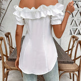 Women'S Solid Color Off-Shoulder Ruffled Blouse - Waist Button-Down Shirt for Vacation & Daily Wear