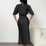 Women'S Short Sleeve Mock Neck Ruched Midi Dress Slim Fit Elegant Party Dress
