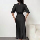 Women'S Short Sleeve Mock Neck Ruched Midi Dress Slim Fit Elegant Party Dress
