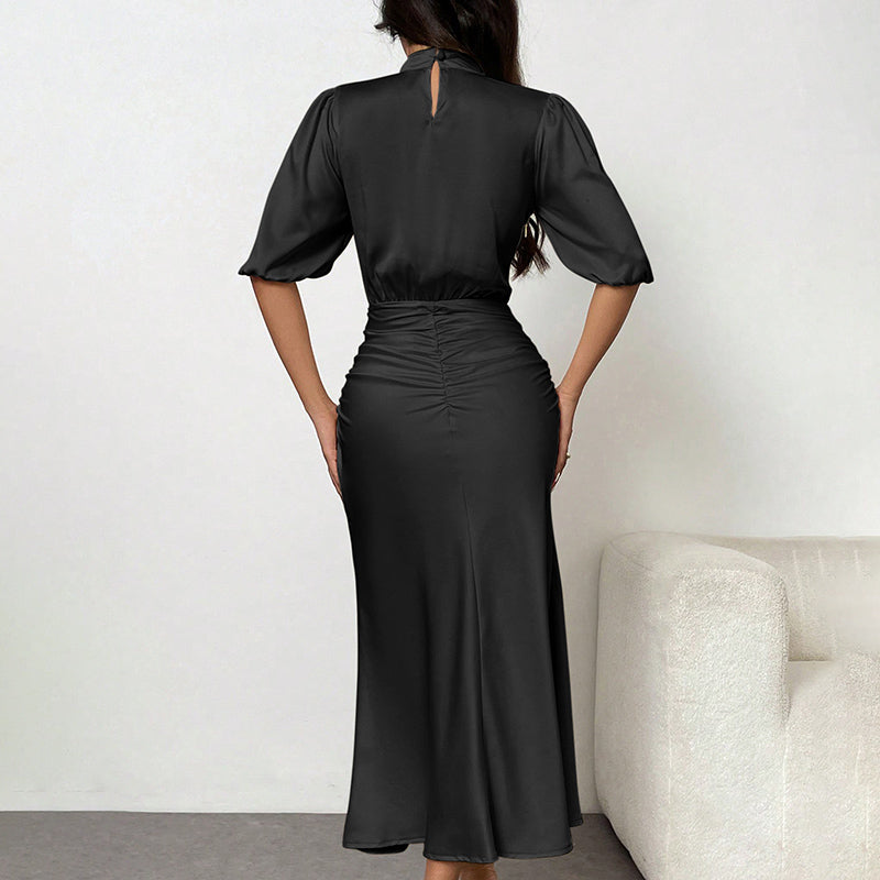 Women'S Short Sleeve Mock Neck Ruched Midi Dress Slim Fit Elegant Party Dress