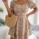 Women Mini Dress Temperament Big Swing Loose Hem Flower Print Shirring Dress up Short Sleeves High Waist Summer Dress Clothes