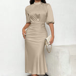 Women'S Short Sleeve Mock Neck Ruched Midi Dress Slim Fit Elegant Party Dress