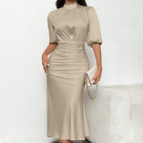 Women'S Short Sleeve Mock Neck Ruched Midi Dress Slim Fit Elegant Party Dress