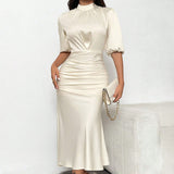 Women'S Short Sleeve Mock Neck Ruched Midi Dress Slim Fit Elegant Party Dress