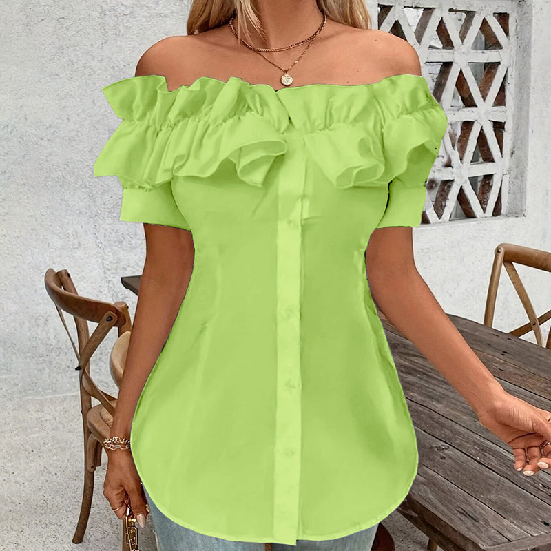 Women'S Solid Color Off-Shoulder Ruffled Blouse - Waist Button-Down Shirt for Vacation & Daily Wear