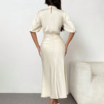 Women'S Short Sleeve Mock Neck Ruched Midi Dress Slim Fit Elegant Party Dress