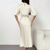 Women'S Short Sleeve Mock Neck Ruched Midi Dress Slim Fit Elegant Party Dress
